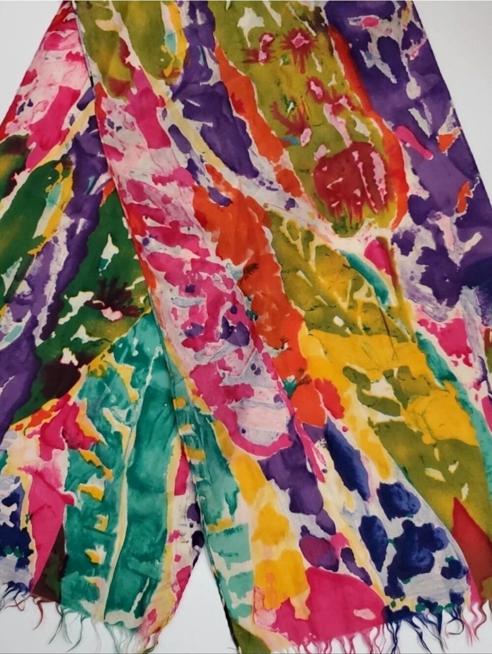 Vintage EXPRESS Silk Scarf ABSTRACT WATERCOLOR Fringe RECTANGLE 76 x 10"